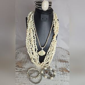 Under The Sea Fantasy Jewelry Lot Shell Pendant Ivory Beads Silver Bracelet Set